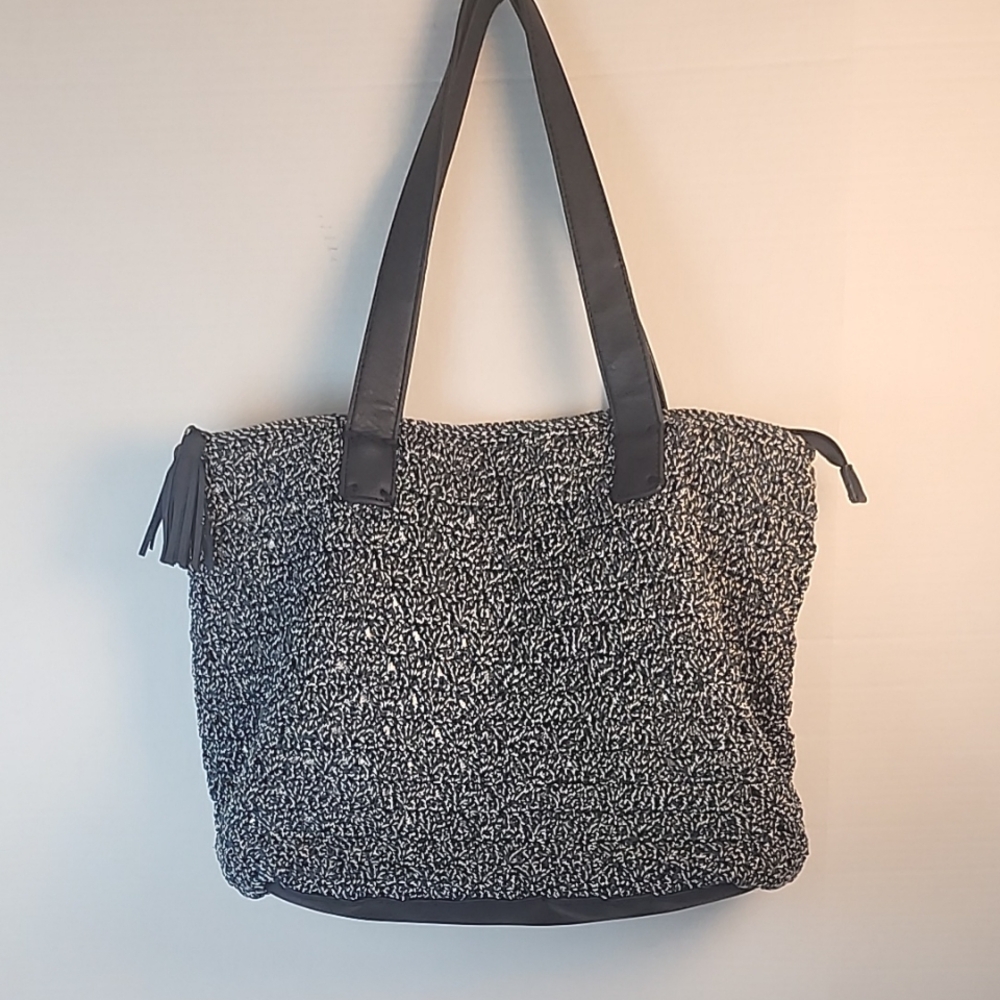 The Sak "Fairmont" Navy Blue /white Crochet tote bag with Leather trim & bottom